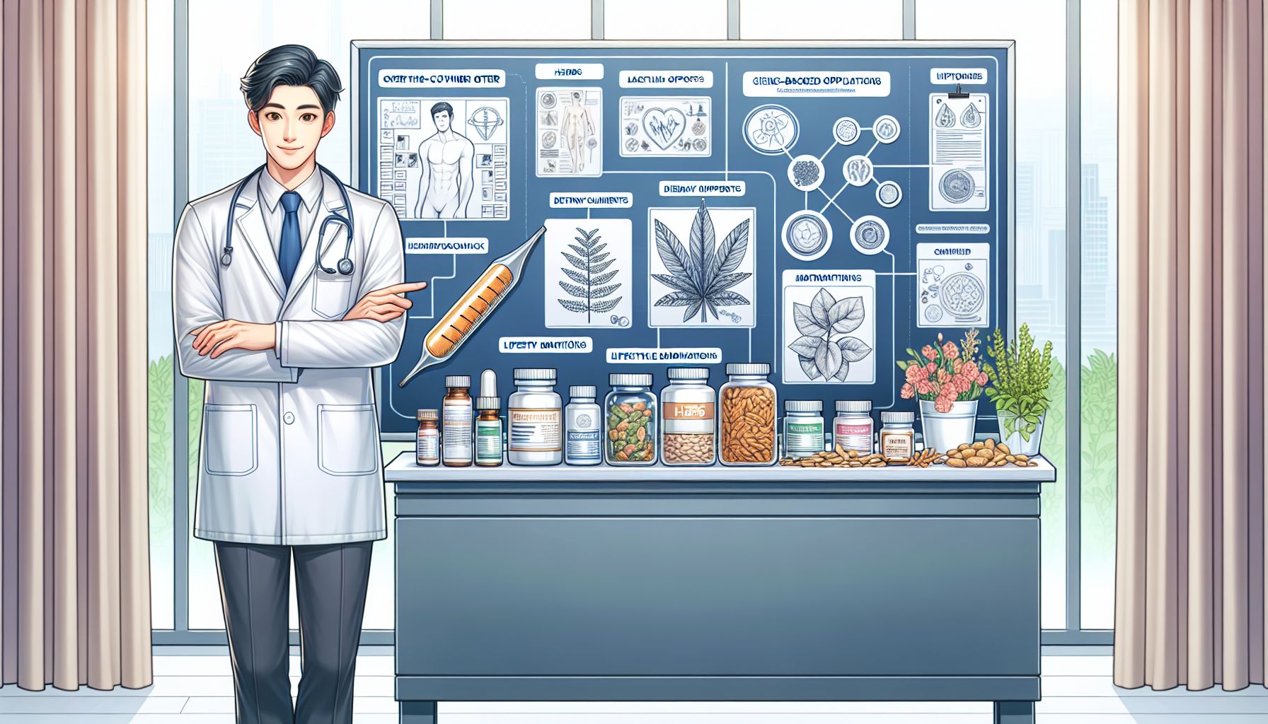 Illustration of over-the-counter ED remedies: herbal supplements, topical creams, and healthy lifestyle choices for erectile dysfunction support